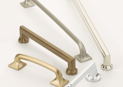 Polished metal hardware for closets, kitchens, pantry and laundry organization.